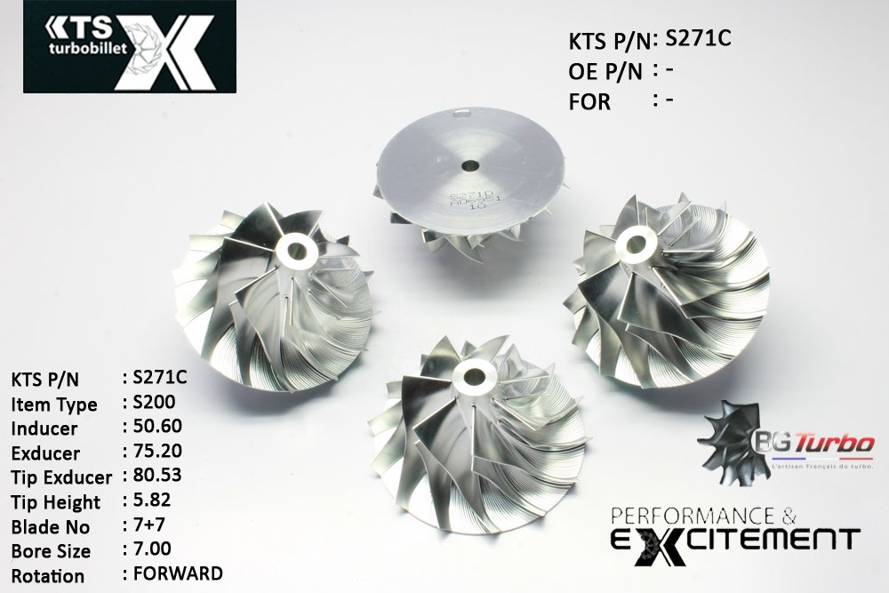 Turbo ROUE FORGÉE MFS PERFORMANCE - 7+7 PALES - INDUCER : 50,6 - EXDUCER : 75,2 - TYPE : S200ANGLE : 60° - ROTATION : Forward - SUPER BACK : 0 - BORE SIZE : 7
